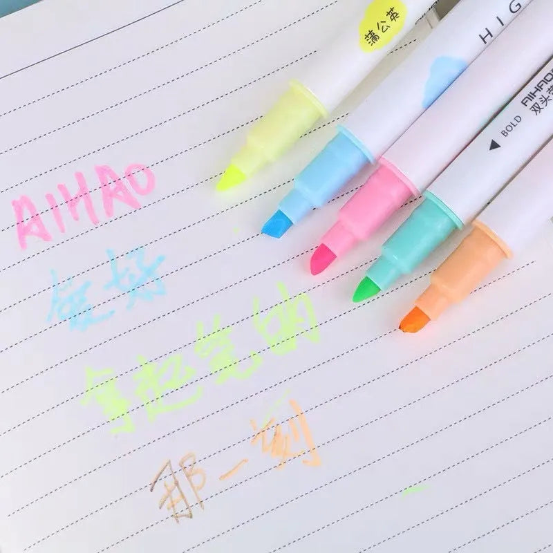 Set of five double-head gel pens with highlighter and writing tips in yellow, pink, green, blue, and orange colours