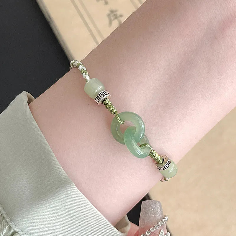 Jade green double ring women's bracelet with peace buckle weaving on copper base
