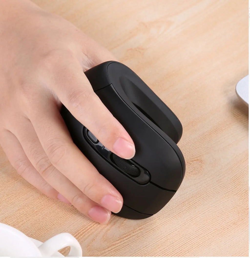 Wireless vertical mouse with 6 buttons, black, ergonomic design, adjustable DPI, on a desk surface