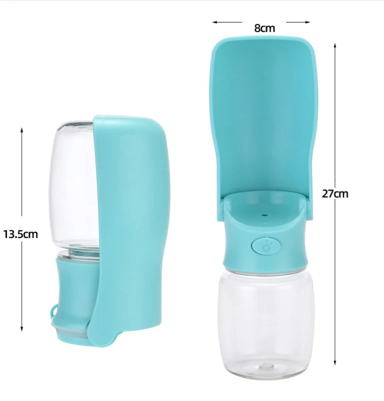 Blue foldable plastic dog water bottle with extended drinking bowl for outdoor use.