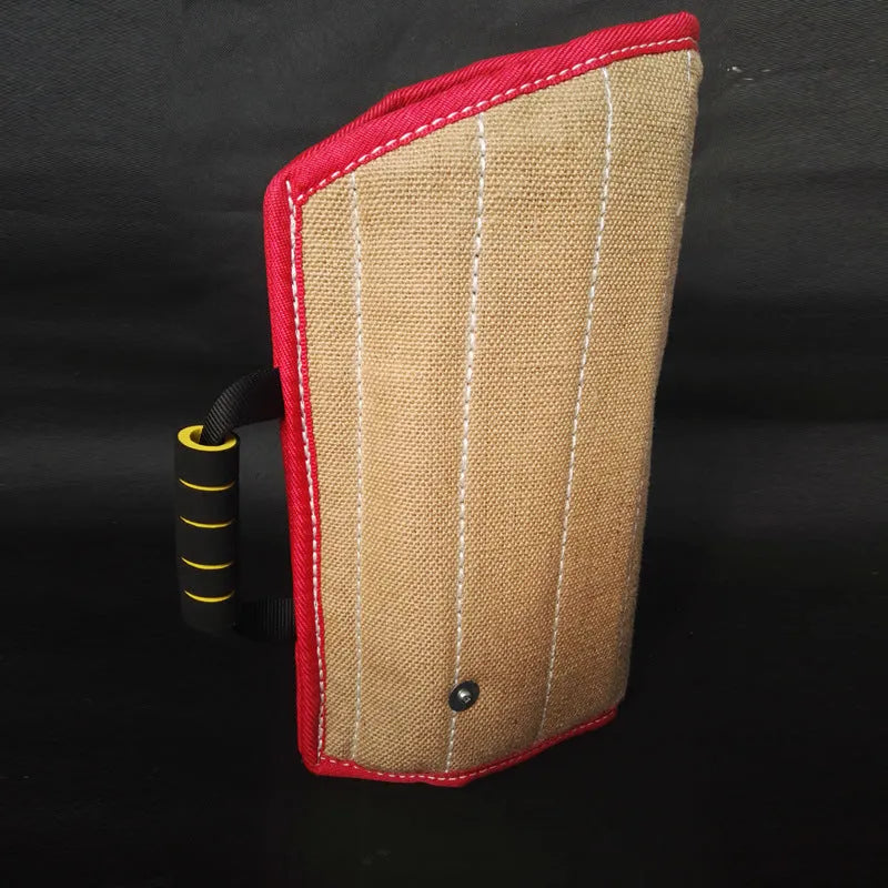 Yellow dog training bite sleeve made of thick linen and cotton felt with external handle, 45x26x13 cm, for medium-sized young dogs