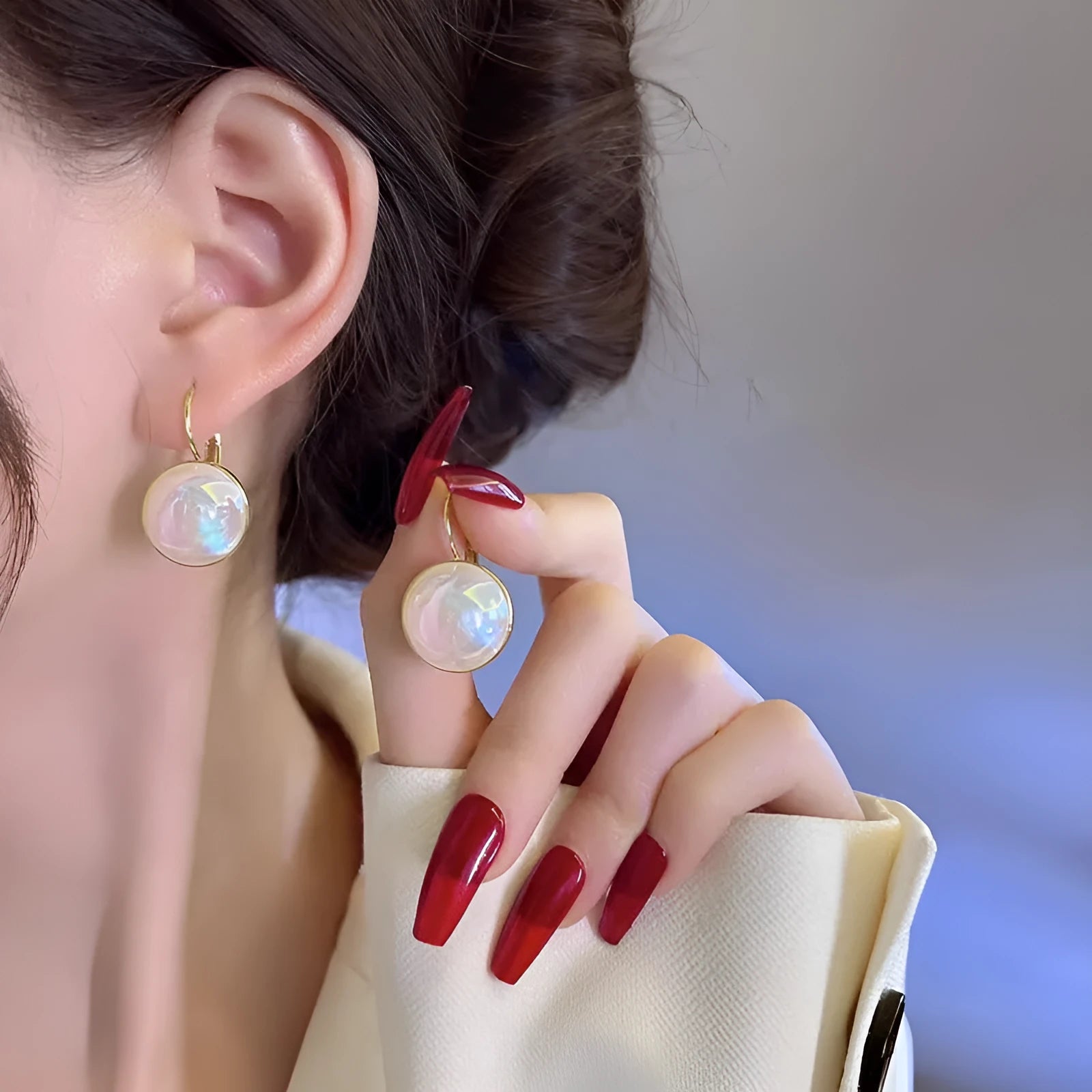 Colourful mermaid pearl geometric ear clip earrings with anti-lost design in Korean style
