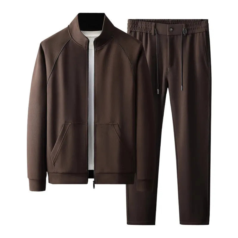 Men's slim fit stand collar tracksuit jacket and trousers in coffee colour