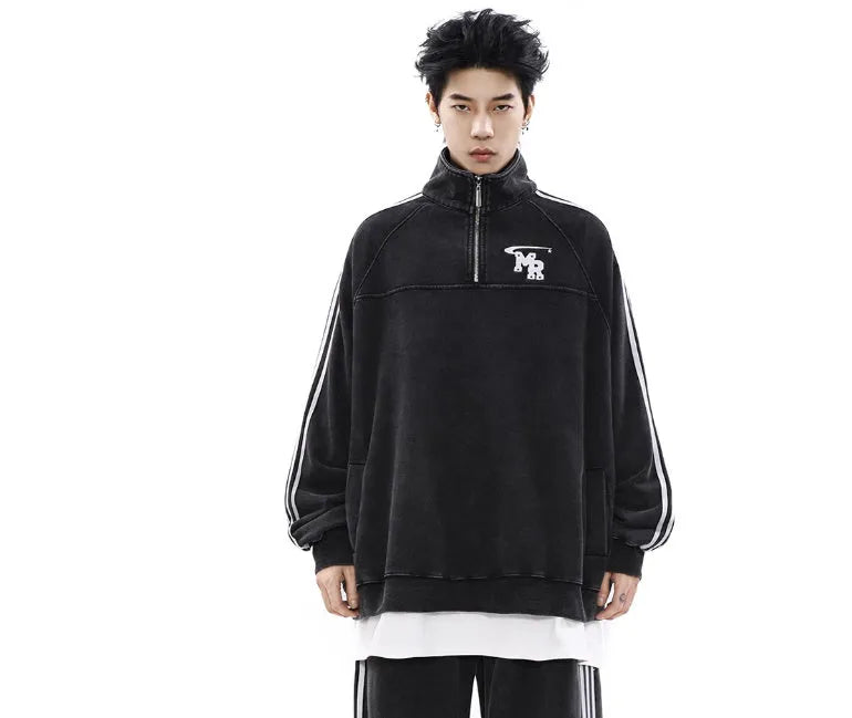 Black American retro style polyester couple's sports hoodie with stand collar and long sleeves.