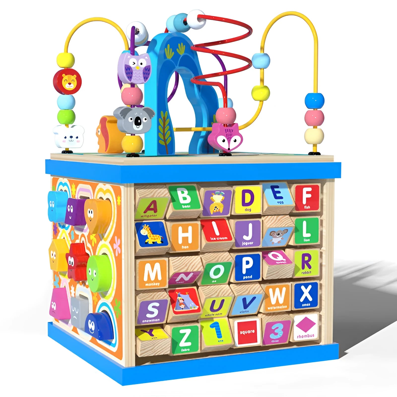 Blue wooden bead treasure box activity centre for toddlers with multi-functional play scenes