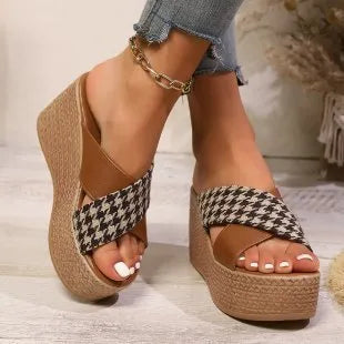 Women's Cross Leopard plaid wedge sandals with rubber sticky soles in brown and black colour options