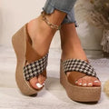 Women's Cross Leopard plaid wedge sandals with rubber sticky soles in brown and black colour options