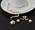 Gold electroplated pearl necklace and earrings set with deep V clavicle design and drop-shaped pendants