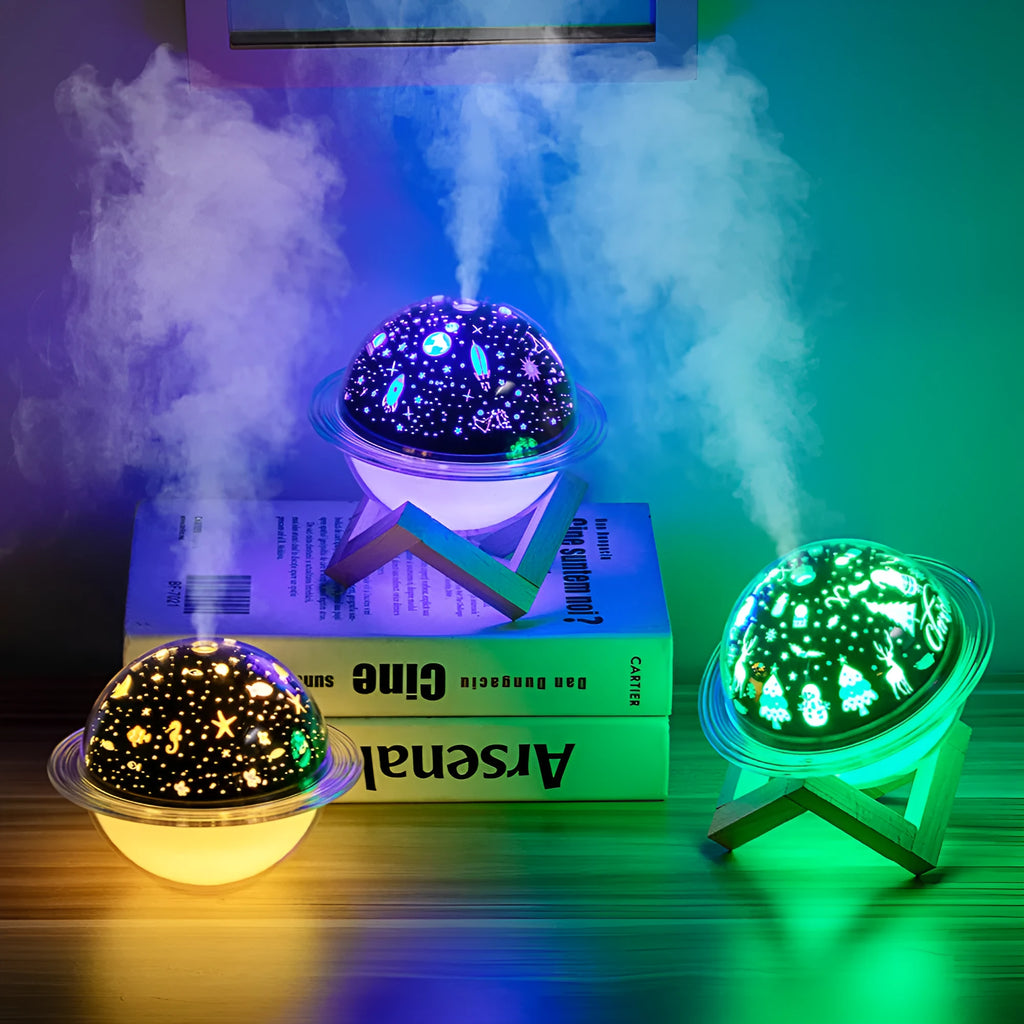 Planet design moon-shaped humidifier with LED night light in three colour modes, 250ml tank, on a wooden desk