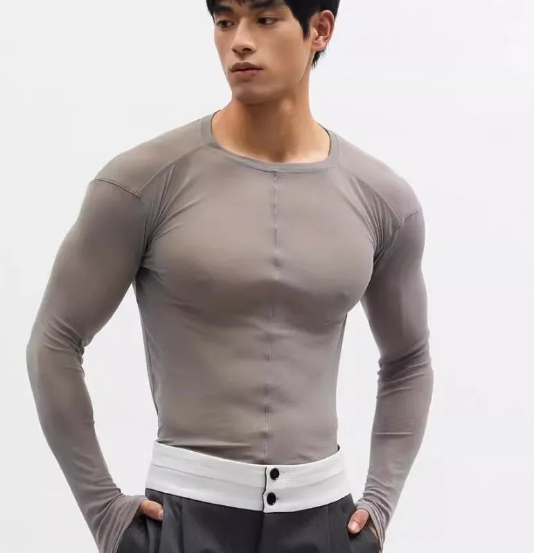 Black slim-fit women's pullover top with a mesh see-through texture and long sleeves.