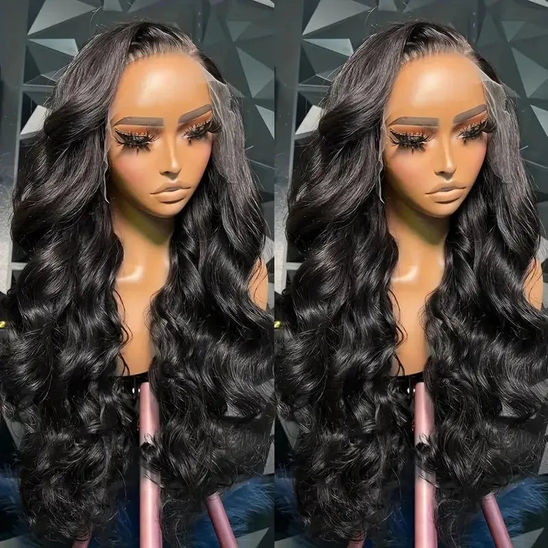 Black long curly synthetic wig with large waves, shown on a mannequin head