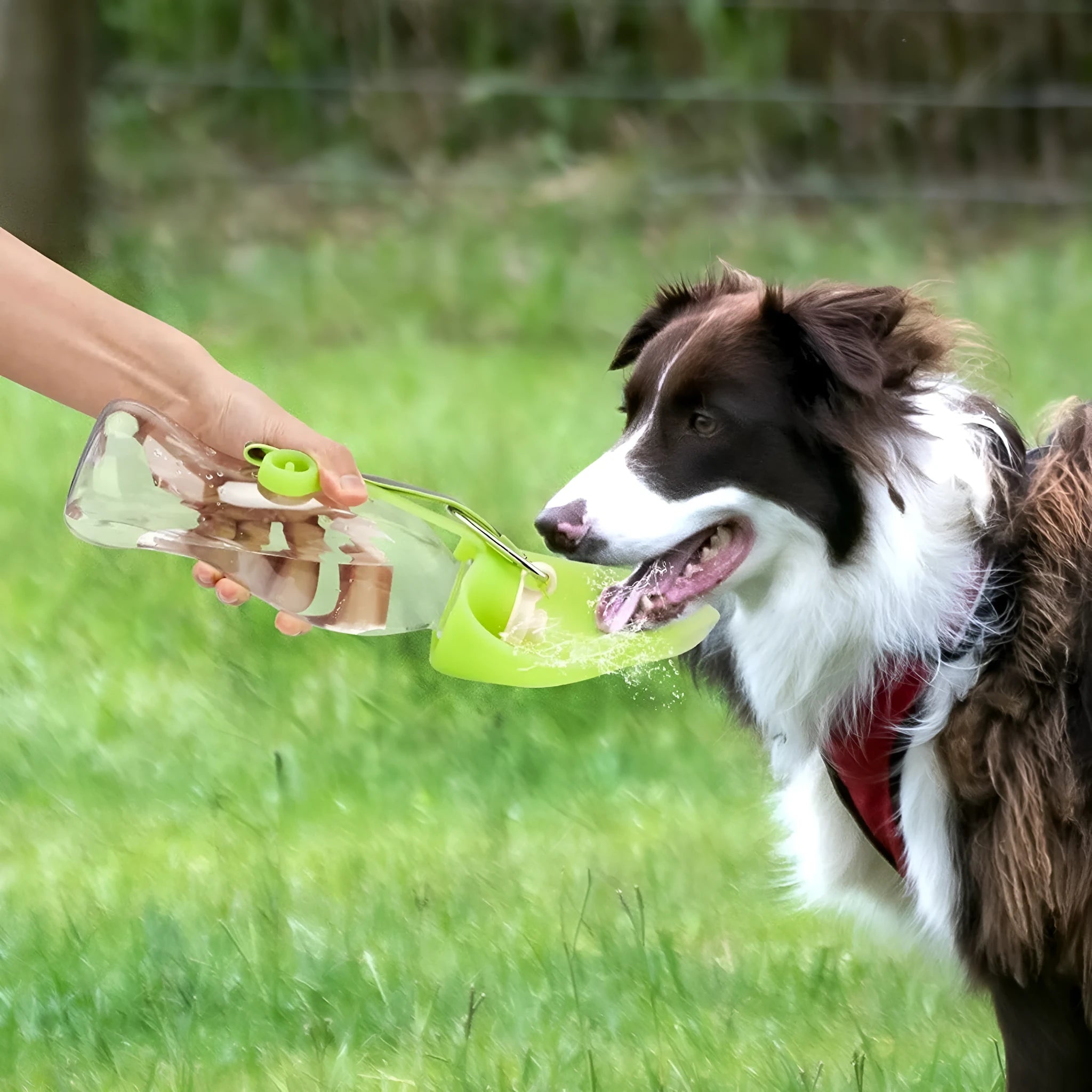 Portable pet water dispenser with black body and flip-up silicone cup next to a dog