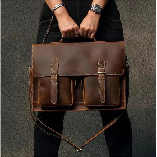 Genuine cowhide leather computer crossbody bag for business travel with anti-theft features