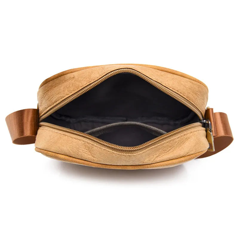 Men's waterproof paper crossbody bag in European retro style available in black, brown, and silver
