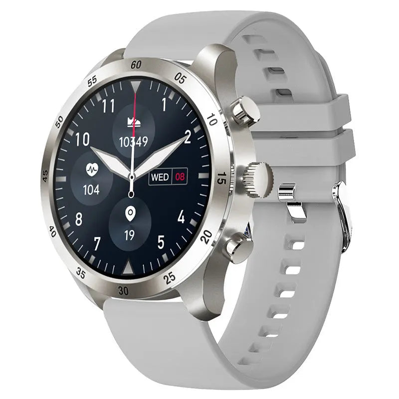 Black Bluetooth smartwatch with stainless steel strap showing a heart rate monitoring display on screen.