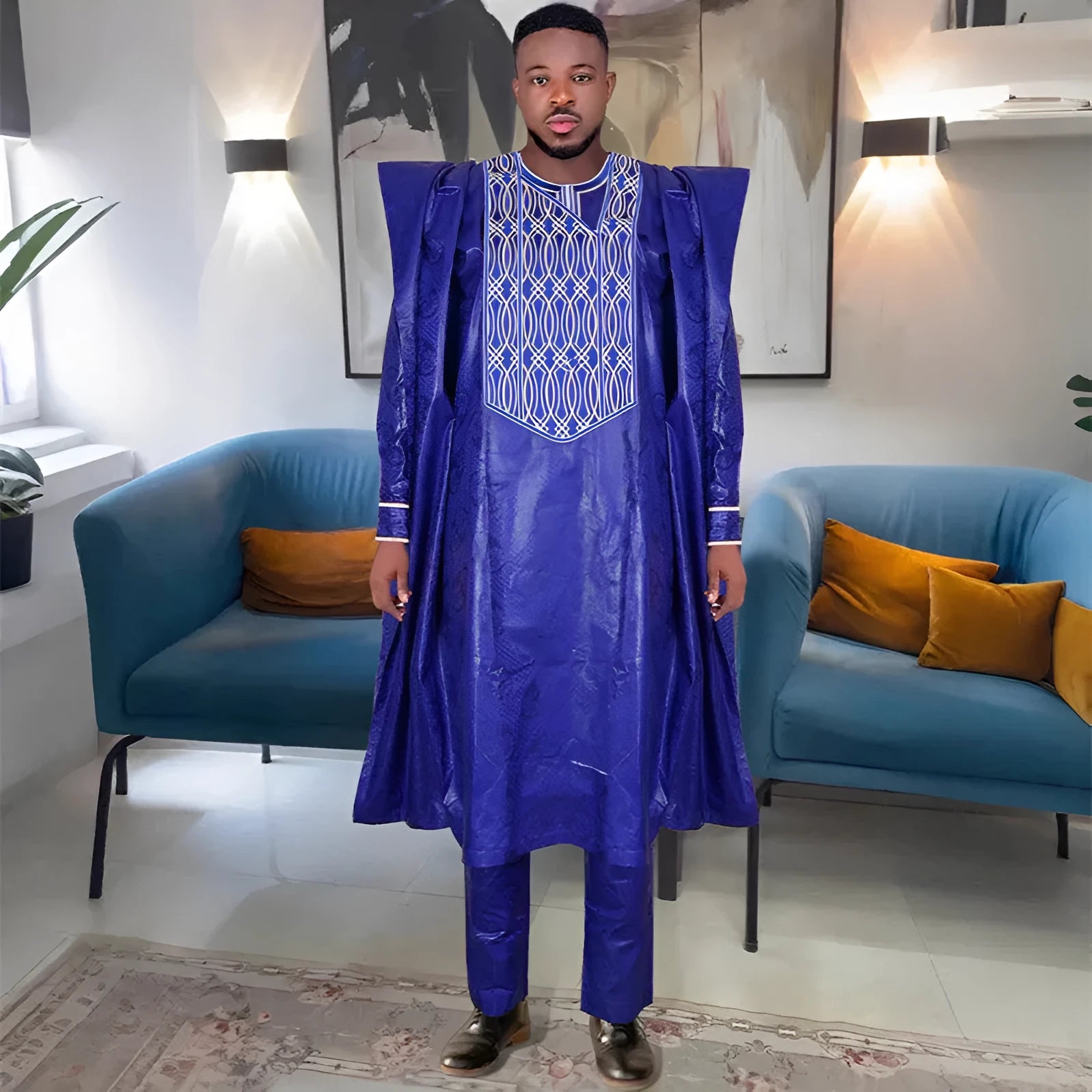 Plus size men's three-piece figured cloth suit in dark blue – outer robe, shirt, trousers for daily wear