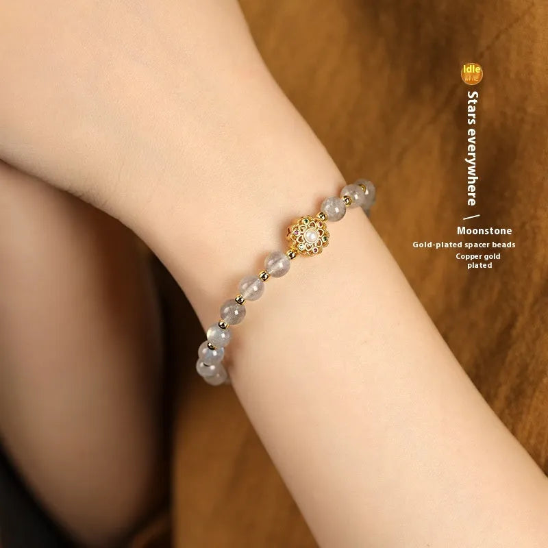 Hand-woven crystal bracelet with gray moonstone, sunstone and strawberry quartz 6mm beads