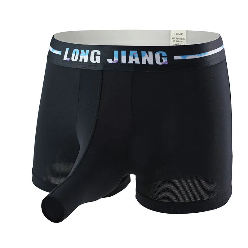 Men's solid colour Ice Silk trunk open boxer shorts laid flat, showing mid-waist design.