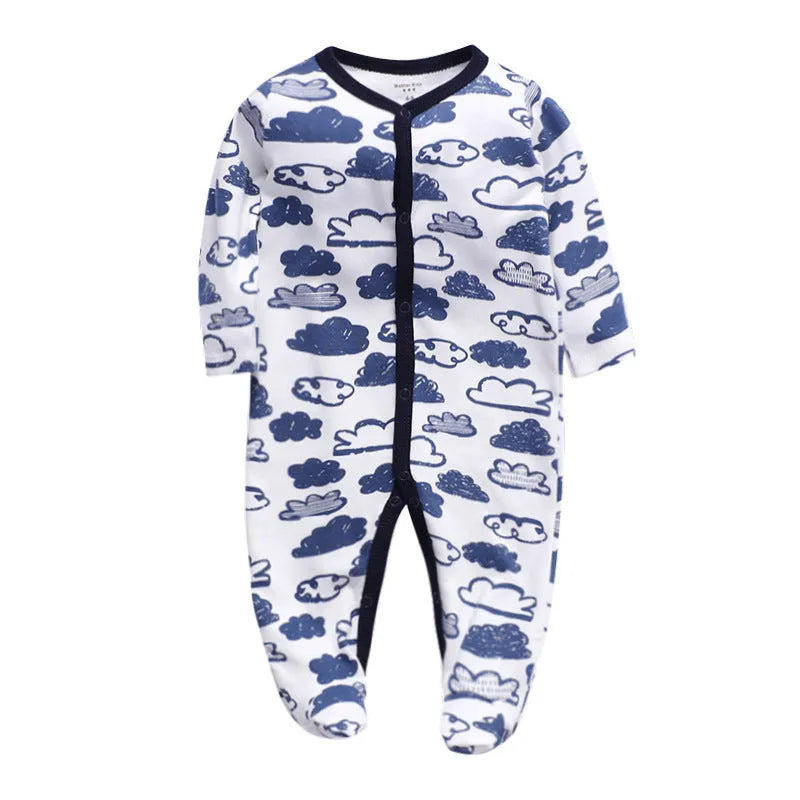 A soft cotton baby one-piece garment featuring a dinosaur print, shown on a hanger.