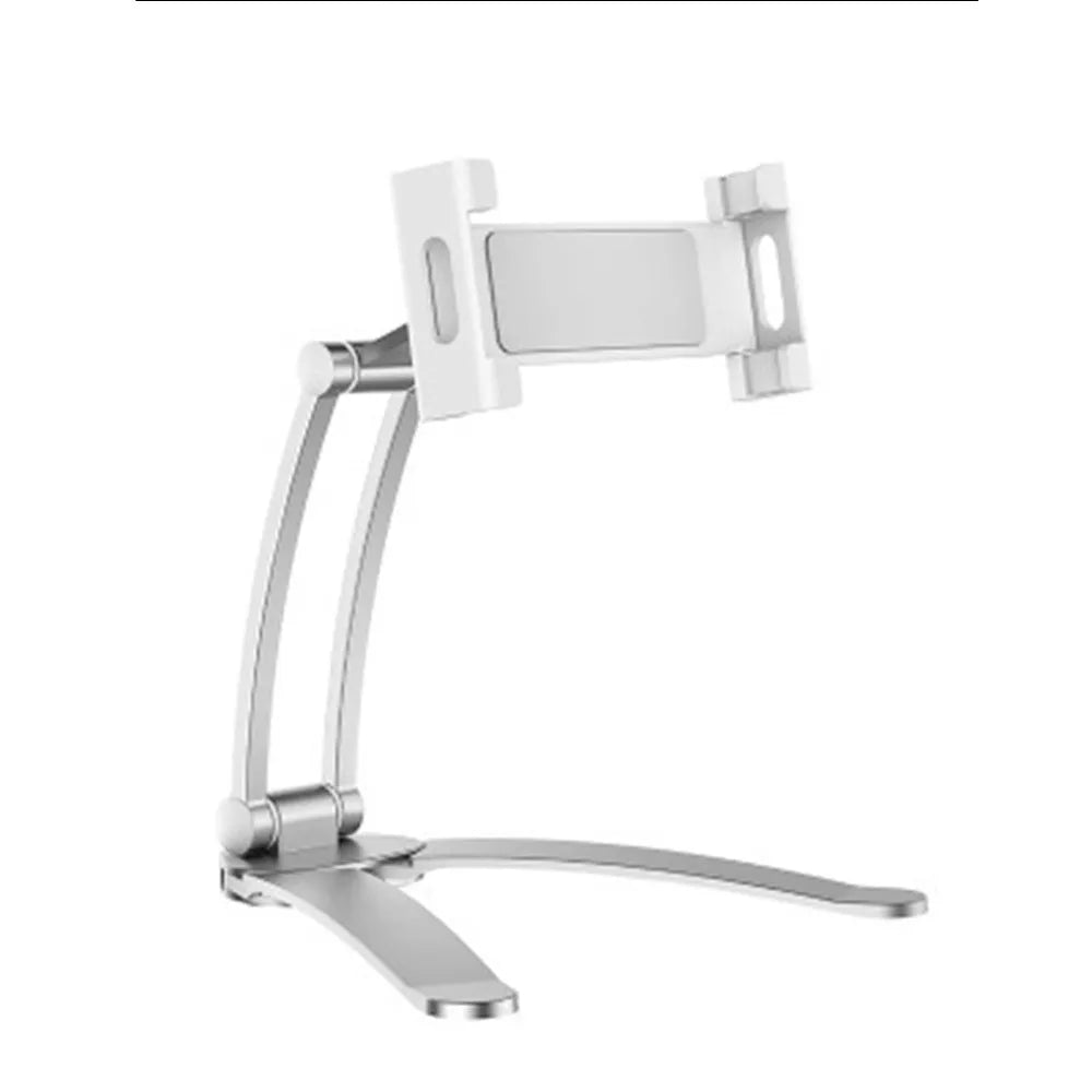 Silver aluminium desktop stand holding a tablet, showing 360-degree rotation and adjustable clamp mechanism.