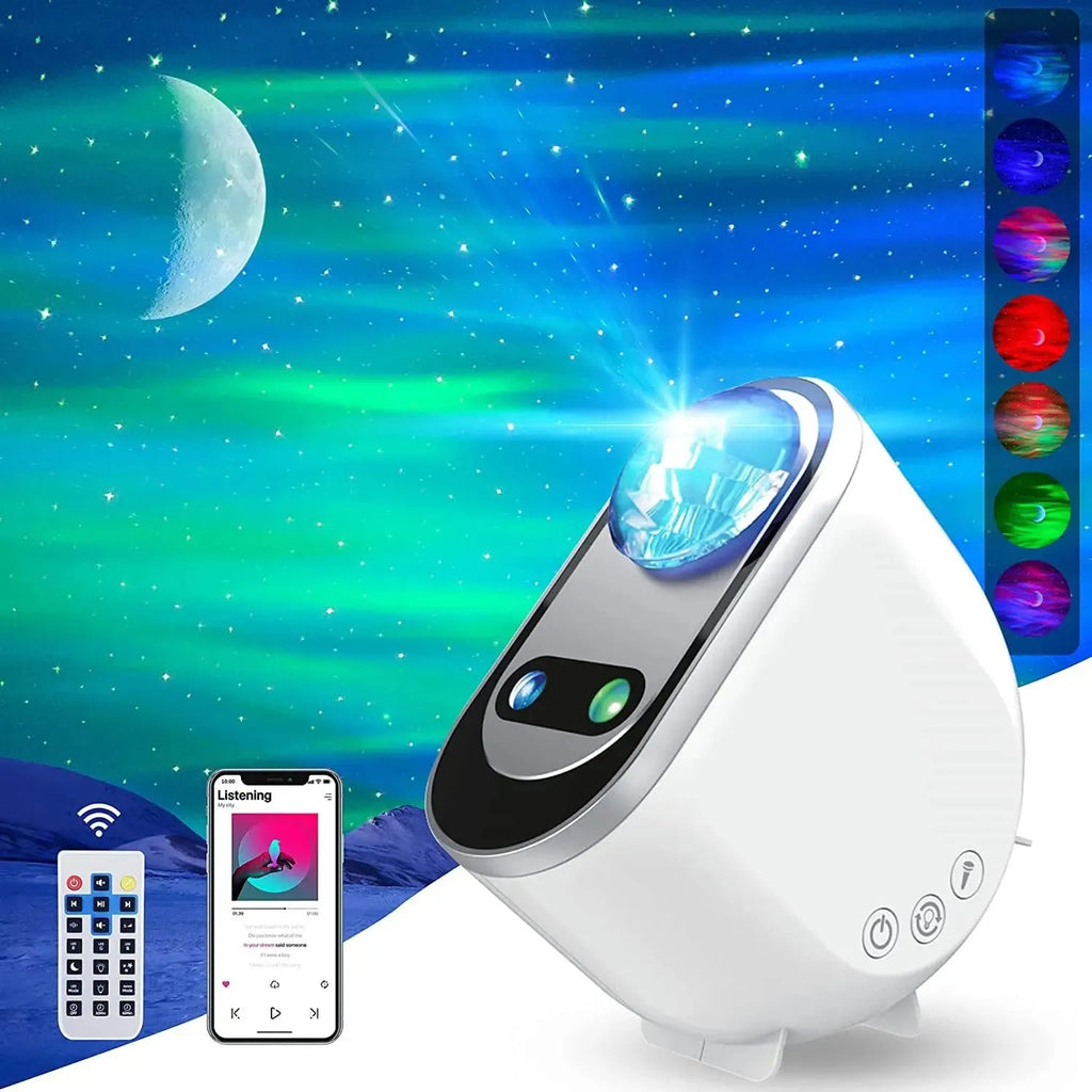White ABS starlight projector with aurora borealis and moon projection, remote control, and USB cable