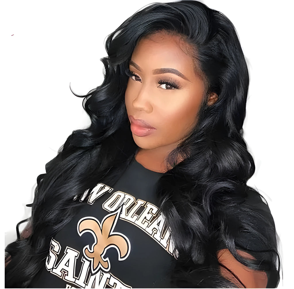 Black big wave wig with front lace head cover on mannequin head
