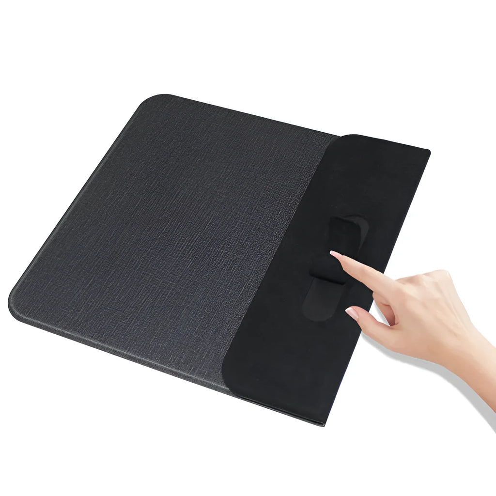 A foldable cloth wireless charging holder displaying a smartphone charging at an angle