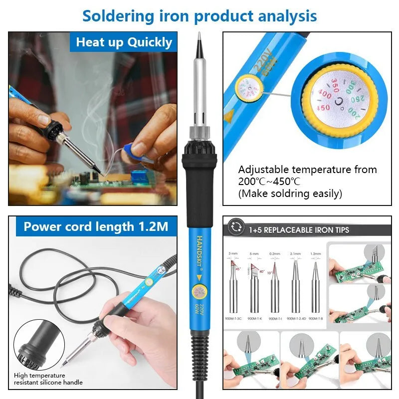 Handskit electronics repair toolkit showing soldering iron, screwdriver set, tweezers, and tools in a black carry bag.