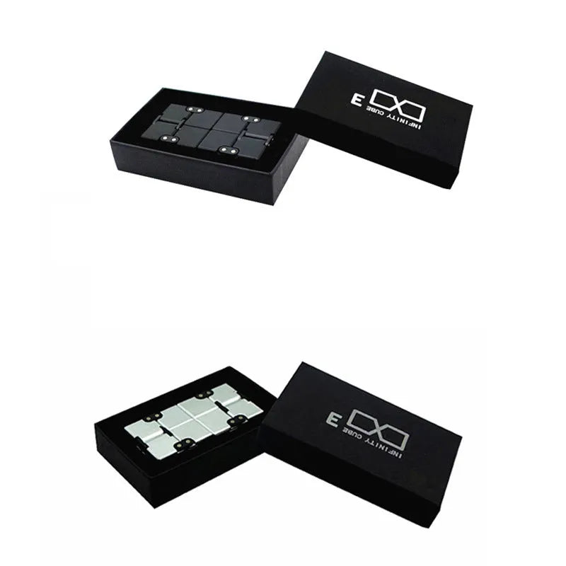 Black zinc alloy infinity cube fidget toy showing rotated cubes, on a white background.