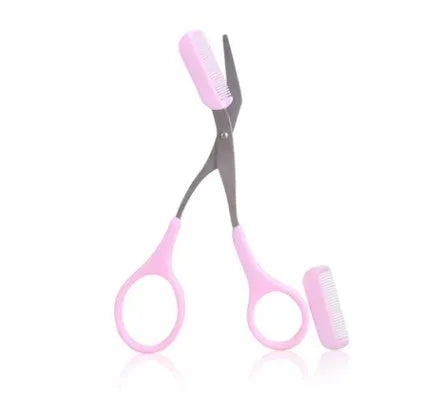 Pink eyebrow scissors and eyebrow comb set for brow shaping and grooming