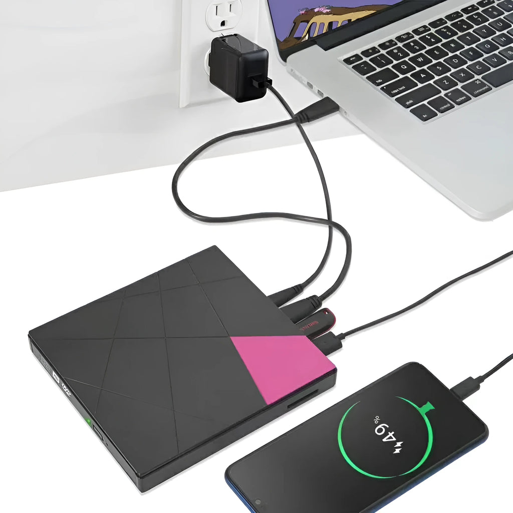 USB external DVD burner with card reader, 24X speed, rose gold finish, compact 152x142x20mm size on white background