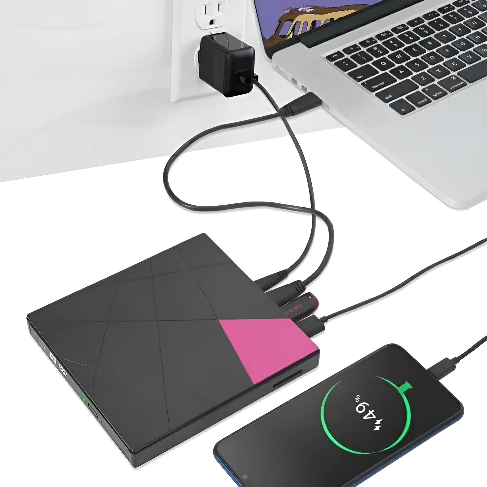 USB external DVD burner with card reader, 24X speed, rose gold finish, compact 152x142x20mm size on white background