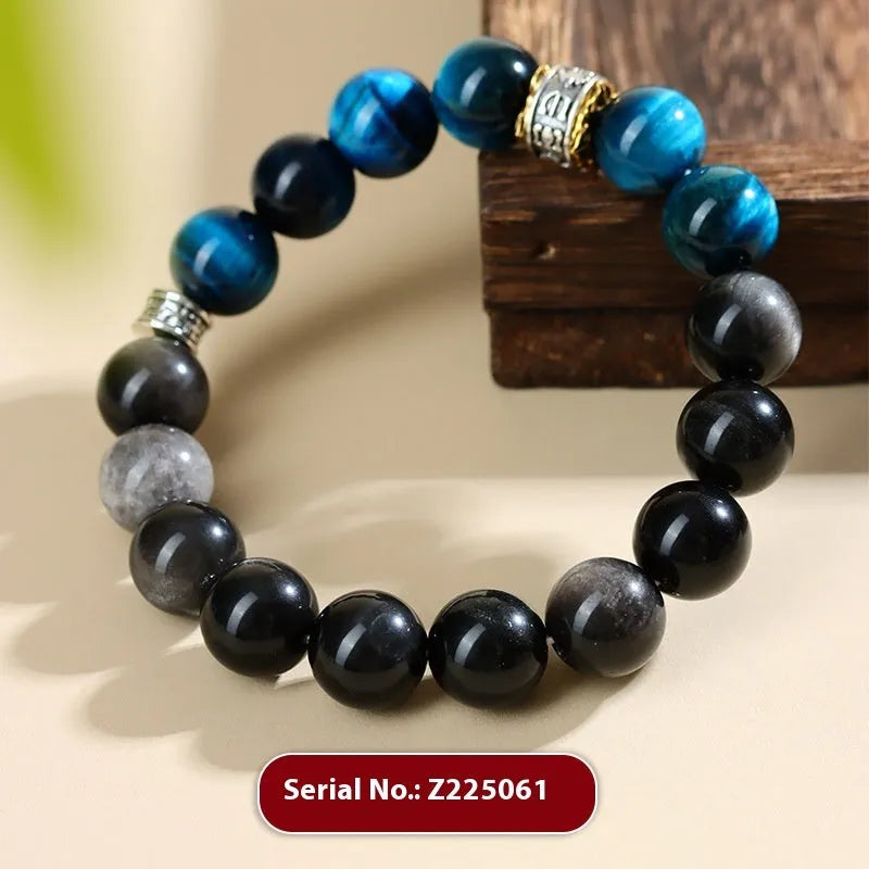 Natural peacock blue Tigereye silver stone bracelet with geometric round design