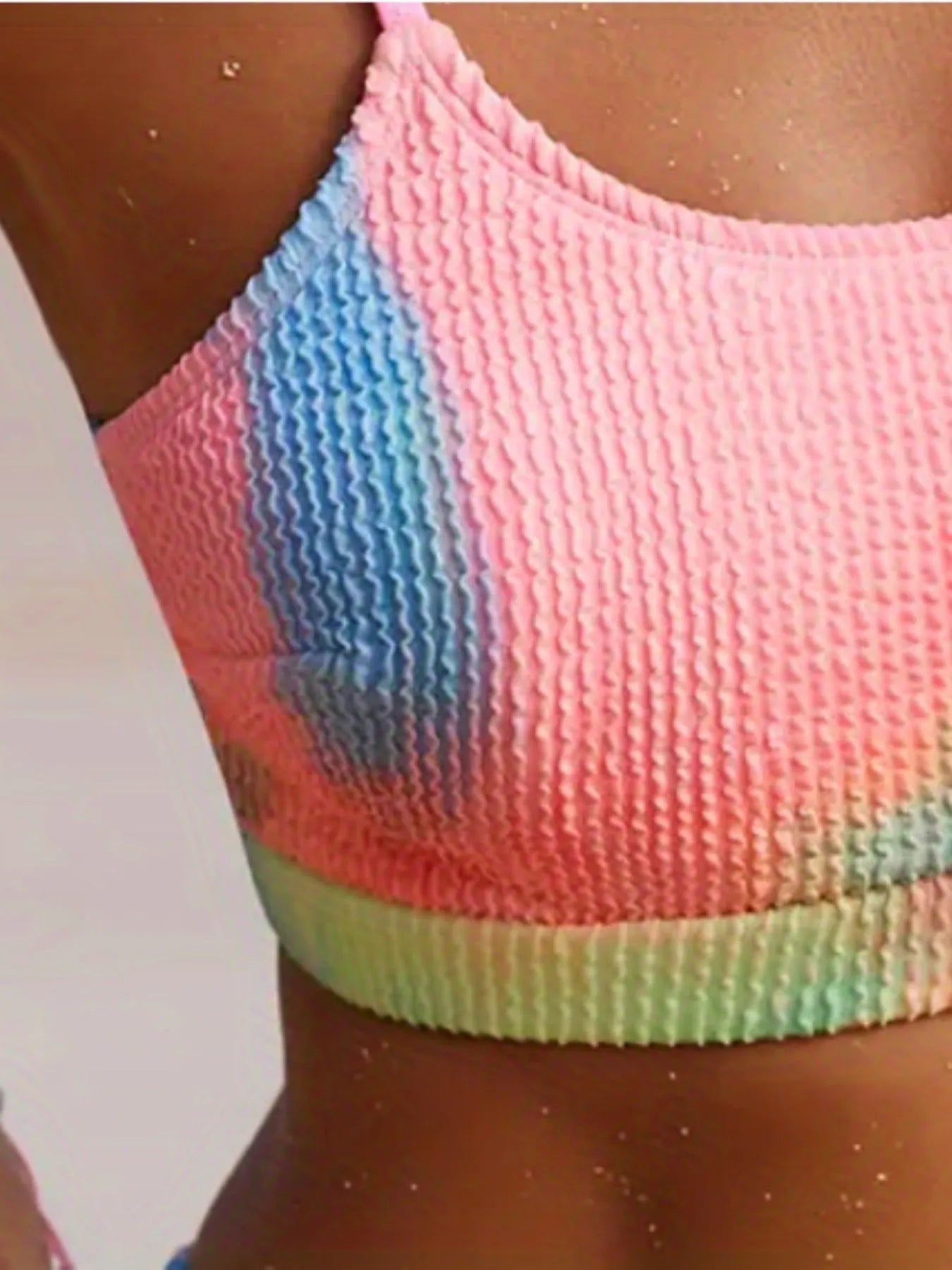 Women's tie-dye pleated split bikini in blue and orange gradient pattern