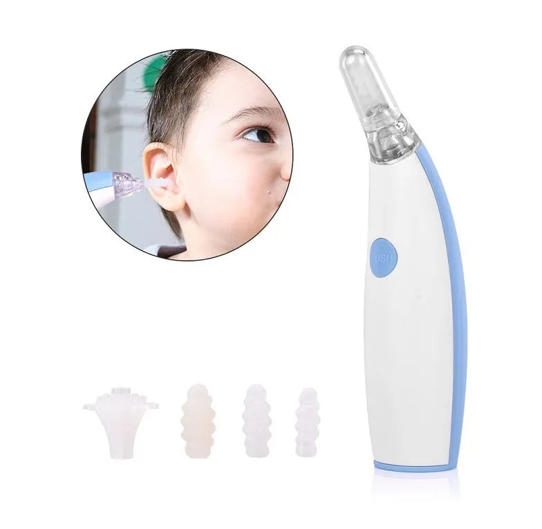 Rotating earwax vacuum cleaner with spiral silicone head, blue, with LED light and multiple attachments