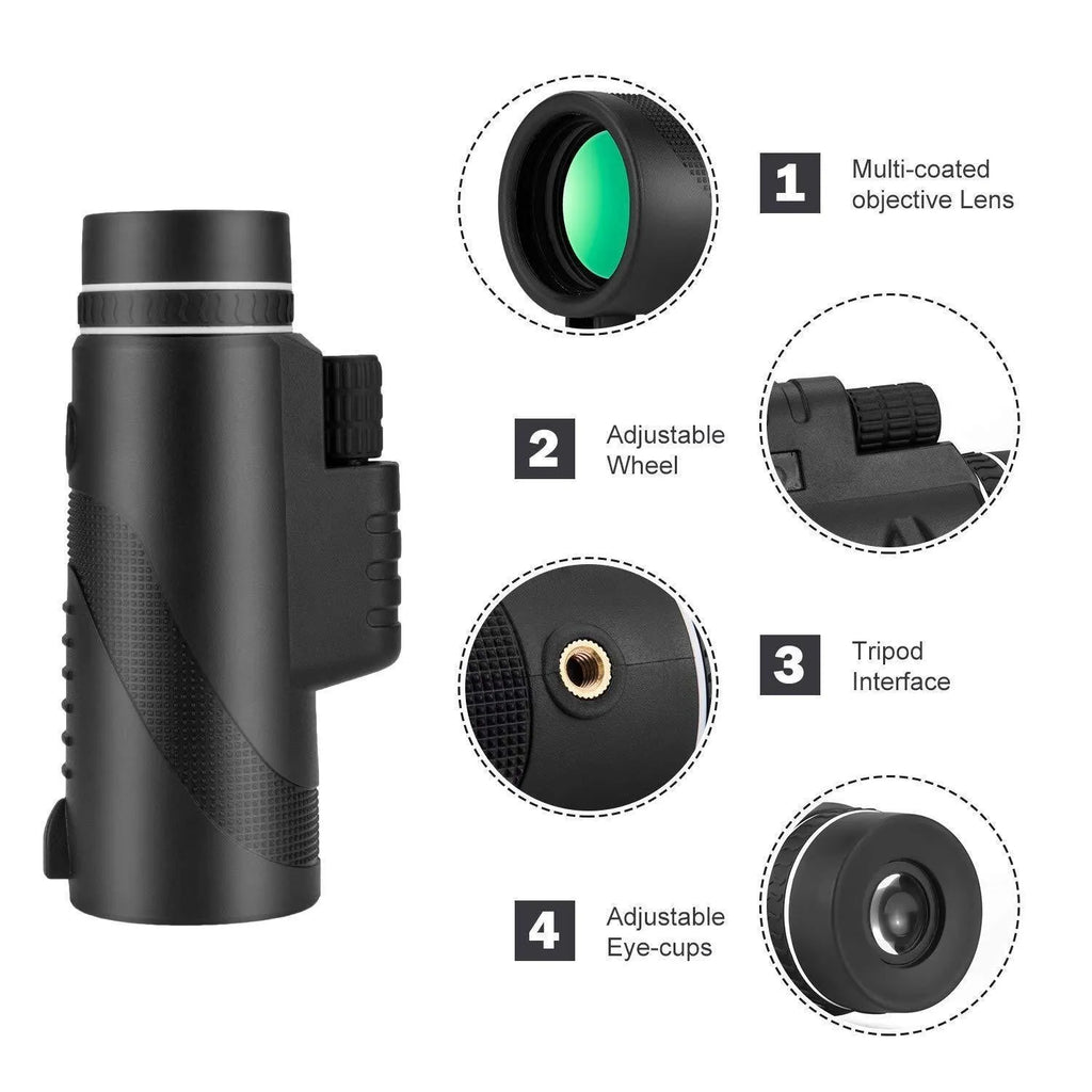 Black HD 40x60 cellphone telescope monocular with 40x magnification shown next to a smartphone.