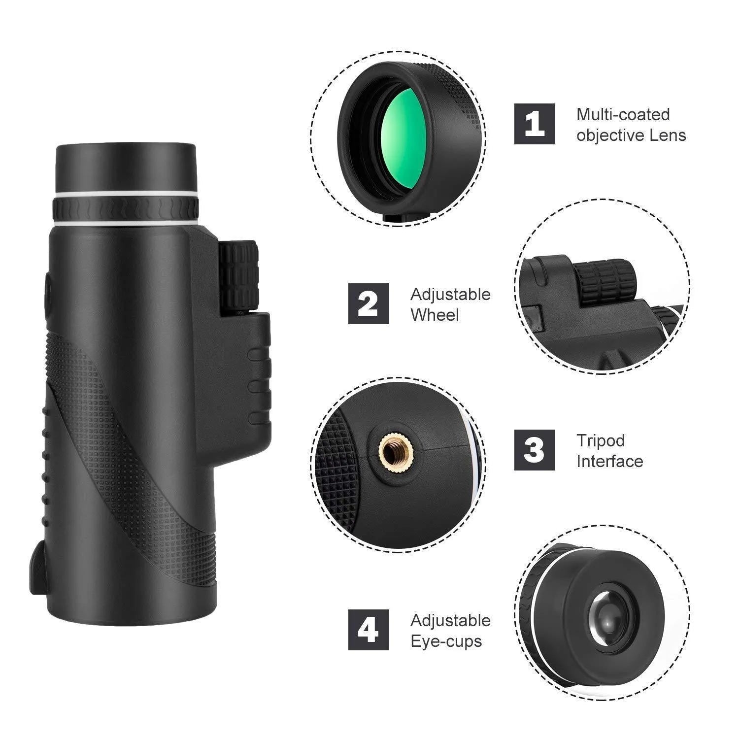 Black HD 40x60 cellphone telescope monocular with 40x magnification shown next to a smartphone.