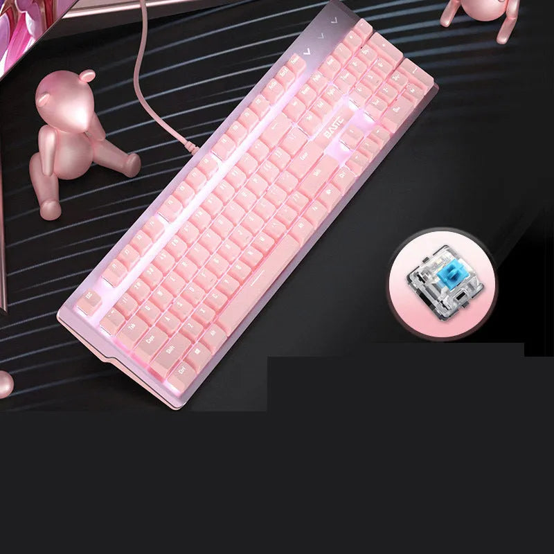 Pink 104-key mechanical keyboard with USB cable, showing full key layout.