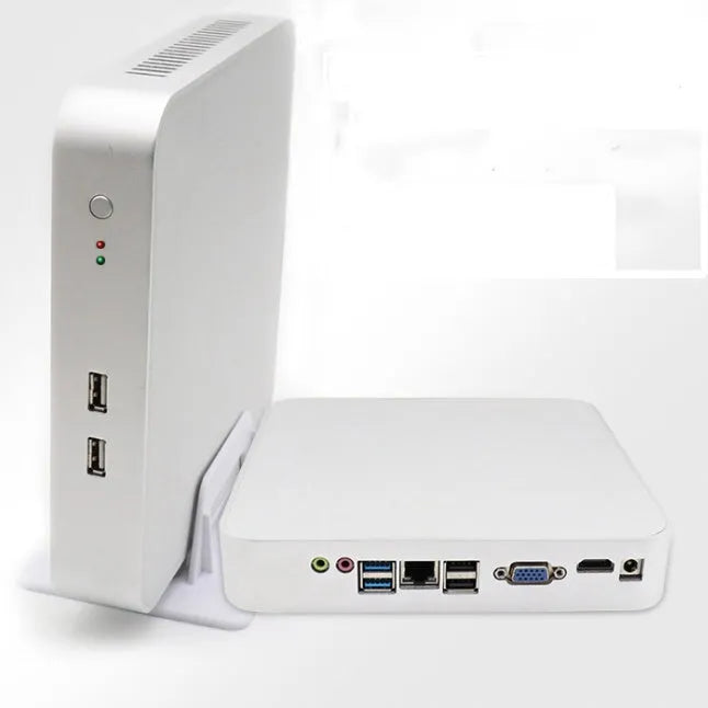 Mini computer host business desktop PC with Intel Core i5, 4GB RAM, and 64GB SSD showing front panel ports