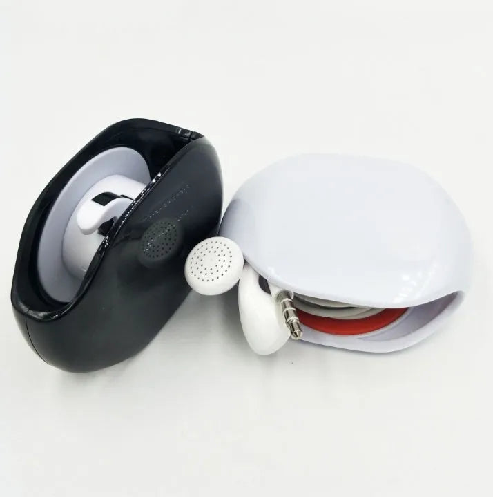 Automatic earphone cable winder unit in blue showing retracted cable, next to a black unit for size comparison.
