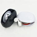Automatic earphone cable winder unit in blue showing retracted cable, next to a black unit for size comparison.