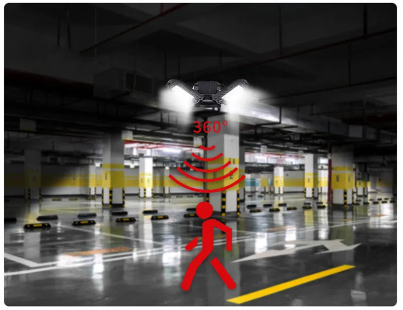60W 6000 lumen deformable garage light with three adjustable heads, aluminium housing, E27 connector