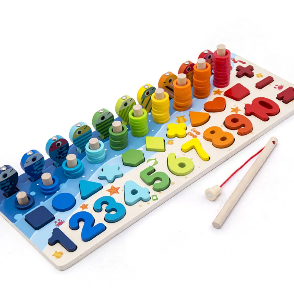 Wooden 3D alphabet and number puzzle board with colourful geometric pieces for toddlers