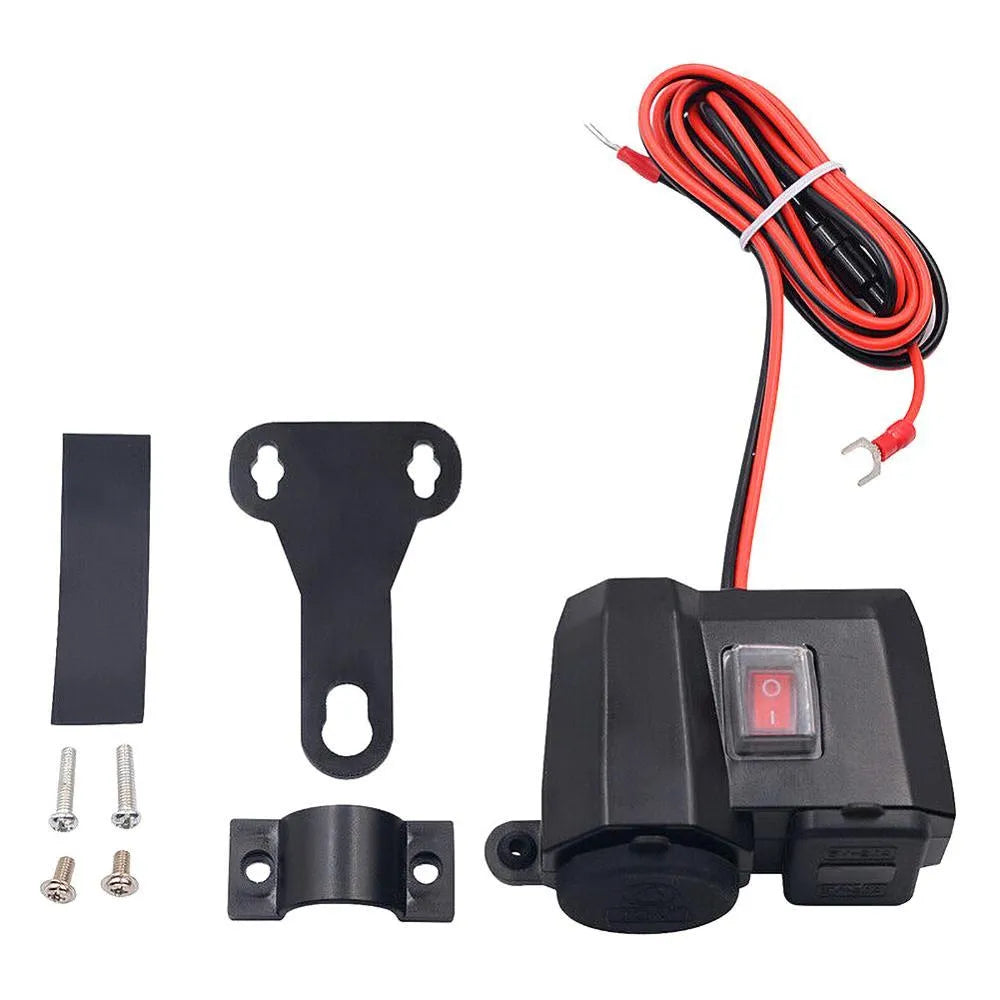Motorcycle USB waterproof car charger with dual ports voltmeter and cigarette lighter black