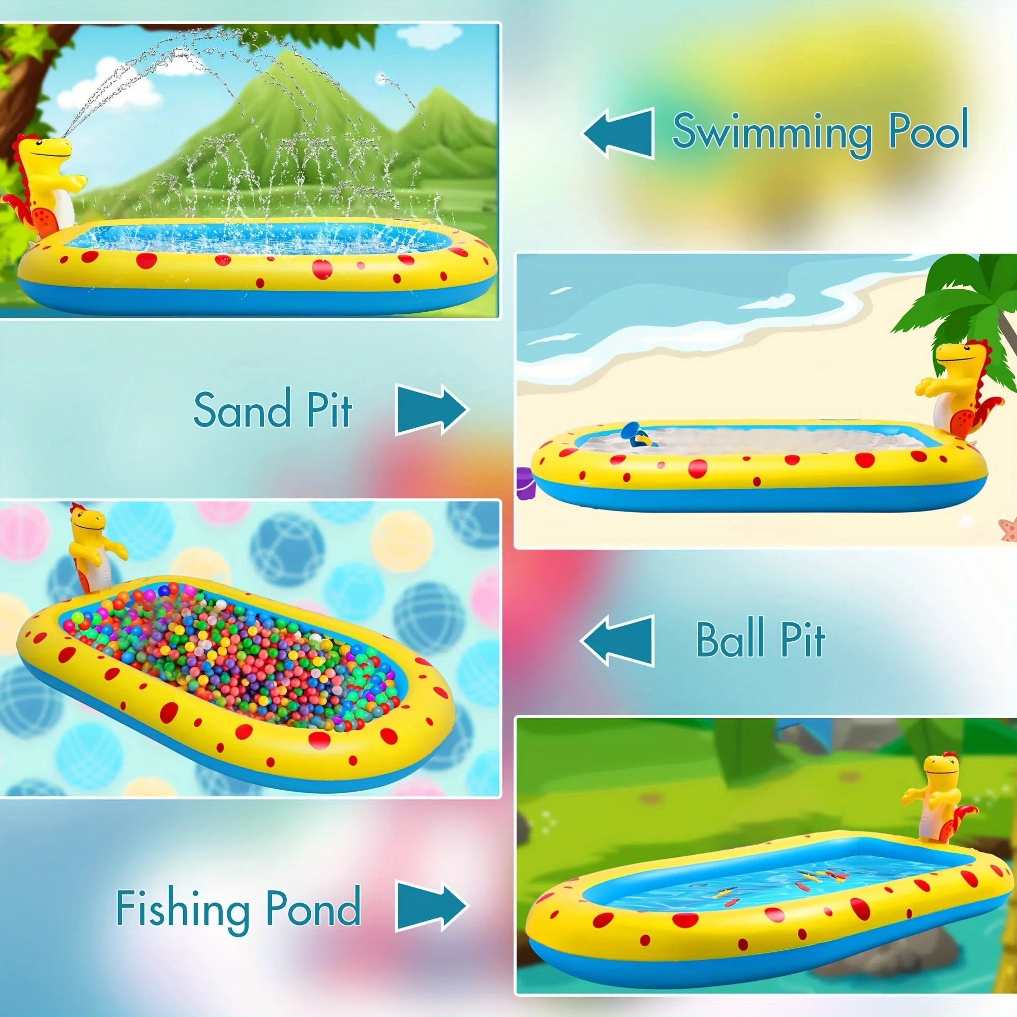 Blue dinosaur-shaped inflatable pool with spray jets for children's water play