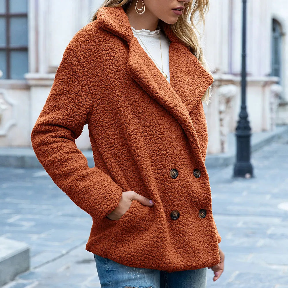 Women's loose lapel fluffy button coat in caramel colour, shown as winter cardigan outerwear