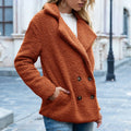 Women's loose lapel fluffy button coat in caramel colour, shown as winter cardigan outerwear