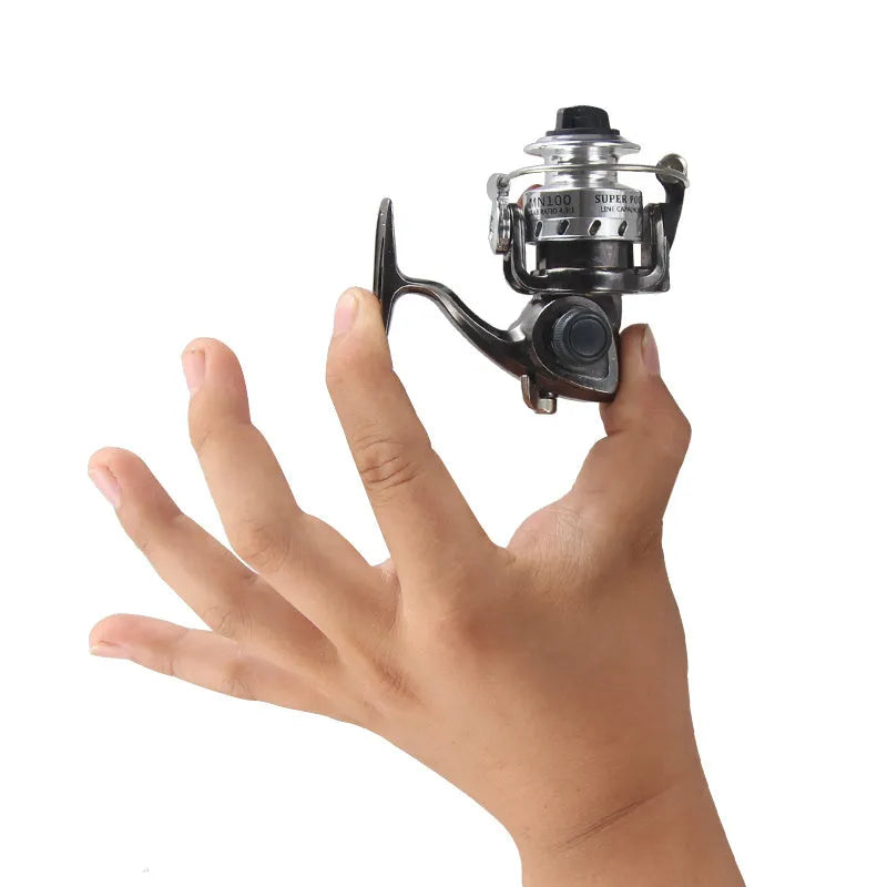 Mini 100 all metal black spinning reel MN100 8cm high with folding wooden rocker arm handle
