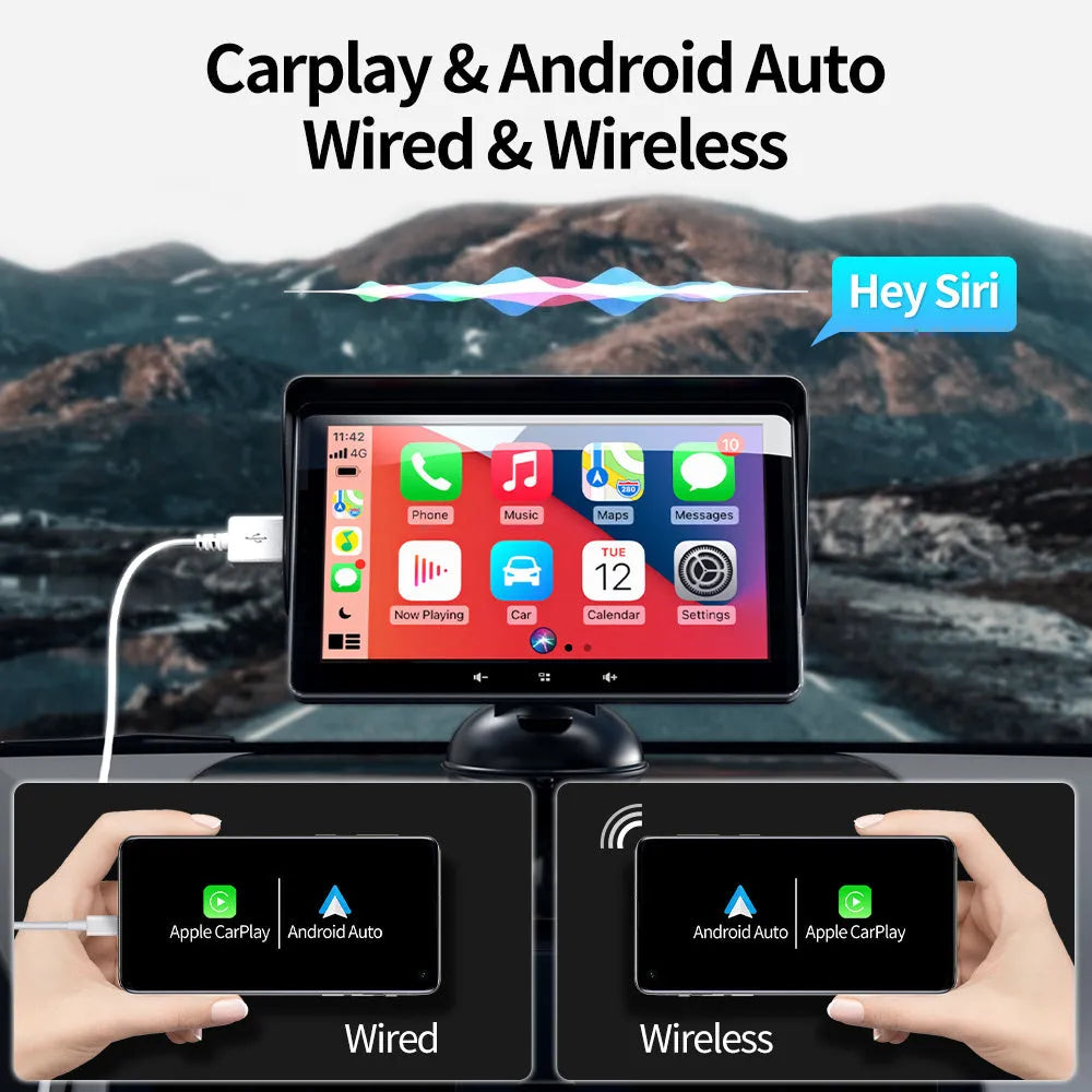 7-inch wireless CarPlay display with suction cup mount and cigarette lighter power cable