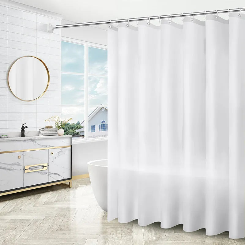 PEVA shower curtain with geometric abstract pattern and stainless steel buttonholes